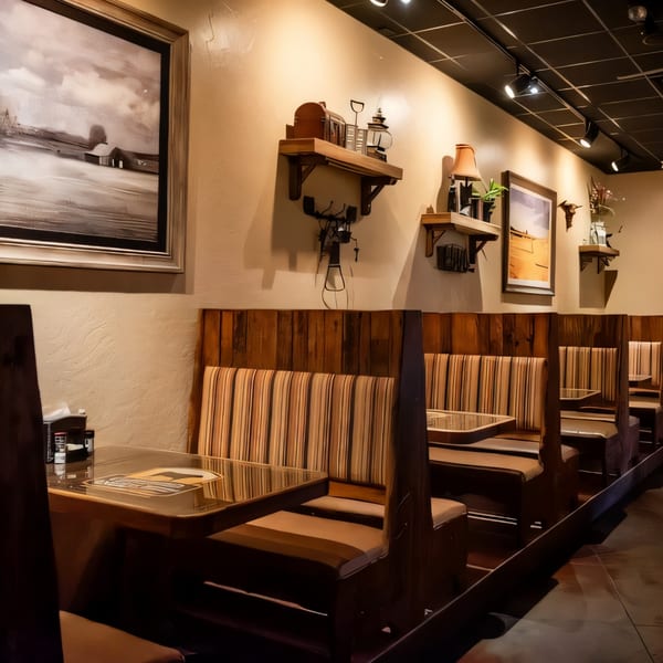 Cozy dining area at Christopher's Steakhouse with wooden booths, striped upholstery, and framed artwork on the walls.